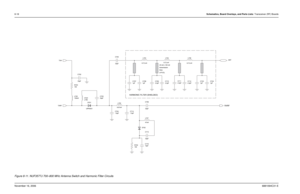 Page 1938-18Schematics, Board Overlays, and Parts Lists: Transceiver (RF) BoardsNovember 16, 20066881094C31-EFigure 8-11. NUF3577J 700–800 MHz Antenna Switch and Harmonic Filter Circuits
20 mil x 120 millines
(4 PLS). transmission
HARMONIC FILTER (SHIELDED)
C709
2.2pF 2.2pFC712 C724
1pF 1pF
L702
150nHC723
C704
1.6pF D701
UPP9401
D702 1pF C707
R703
150
150 R702 8.67nHL705 33pF
33pF C706 C705
8.72 nH
33pF C702
2.2pFL708
C710
1.5pF C7142.2pF C711
15pF C716 L706
L707
47nH C703
47nH
33pF C713 33pFL704
8.72 nH...