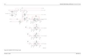 Page 2078-32Schematics, Board Overlays, and Parts Lists: Transceiver (RF) BoardsNovember 16, 20066881094C31-EFigure 8-20. NLD8910H VHF DC Power Circuits
BATTERY SENSE
5V Analog Supply
3V Digital Supply
3V Analog Supply
3V Misc SupplyTransmit B+ Fused B+
C6 R1
100K
1uF
U3
LP3985
BYPASS 4
GND
2
3
VEN
VIN 1
VOUT5 E1
D2 V38
1uF C18 L1
47uH
V38 1uF C2
D3
.01uFNC
C10 10uFC3C5
10uF C21
10uF
47K
47K
E8 E4
V38 2A 32V F901
23
1
100uHL2 20V VR1
E7 C1
.01uF
NC
E6 C14
1uF
C9
1uF Q503 C12
330pF
V5A.01uF C7
1uF C20 1uF
D1 C13...