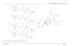 Page 2298-54Schematics, Board Overlays, and Parts Lists: Transceiver (RF) BoardsNovember 16, 20066881094C31-EFigure 8-37. NLE4272H UHF Range 1 Frequency Generation Unit (VCO) Circuit
TX2  VCO
RX1  VCO
RX2  VCOTX1 VCO
L313
33nH120pFC316 VSF
NE68519
C307
120pF
100nH Q304
L303
VSF
L321
NE68519 Q302 390nH
3.6pF 8.2pF
C340
390nHC306
300 R307
L306120pF C326
22K R319 D309
1 2
D310
1 222K R303
R327
51K51K R322 R304
22
D312
1SV279 1
2TN0200T
D
G
S
R321 Q307
D320
330 1.8pF C312
Q310
1 20.1uFC313
1
2D313
D315VSFVSF
L317...