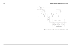 Page 2398-64Schematics, Board Overlays, and Parts Lists: Transceiver (RF) BoardsNovember 16, 20066881094C31-E
Figure 8-41. NLE4278D UHF Range 1 Antenna Switch and Harmonic Filter Circuits
HARMONIC FILTER (SHIELDED)
Q700
NTR1P02T1
T5V
L707
56nH
4.3pF C709 UPP9401D701
220nH L701
C712
2.2pF 100pF L706
180nHC703
16.22 nHL704
16.22 nHL7032.2pFC714 R706
2.2pFC713 100KC702
R720
100K 100pF
L705
R702
3301.5K
220nH
100pF R719
100pF
C715
2.2pF C704
C708 L702
2.2pF C711 220nH 100 R703C706
100pF
C710
2.2pF C707
4.3pF...