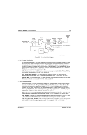 Page 486881094C31-ENovember 16, 2006
Theory of Operation: Transceiver Board3-9
Figure 3-6.  Transmitter Block Diagram
3.1.3.1  Power Distribution
To minimize voltage drop to the power amplifiers, net RAWB+ connects to power module Q107 and 
the second stage of driver amplifier U102 through components having minimal series resistance—
ferrite beads and chokes only. During receive, no RF or DC bias is applied, and leakage current 
through U102 and Q107 is less than 100 microamps. The first stage of U102 uses less...