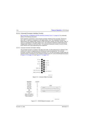 Page 73November 16, 20066881094C31-E
3-34Theory of Operation: VOCON Board
3.2.4.4  Universal Connector Interface Circuitry
See Figure 8-63, “NTN9564B VOCON Universal Connector Circuit,” on page 8-97 for schematic 
details of the following discussion.
Some important components on the universal connector interface are two op-amps. The first op-
amp, U201, is used as a comparator for the option-select 1 line. The comparator threshold is 
determined by the voltage-divider network of R257 and R258. Similarly, the...