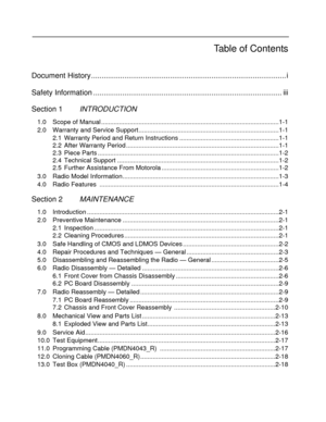 Page 13Table of Contents
Document History.............................................................................................. i
Safety Information ........................................................................................... iii
Section 1INTRODUCTION
1.0 Scope of Manual ....................................................................................................1-1
2.0 Warranty and Service Support...............................................................................1-1...