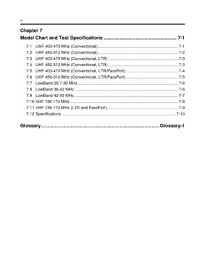 Page 8vi
Chapter 7
Model Chart and Test Specifications ....................................................... 7-1
7.1 UHF 403-470 MHz (Conventional) ...................................................................... 7-1
7.2 UHF 450-512 MHz (Conventional) ...................................................................... 7-2
7.3 UHF 403-470 MHz (Conventional, LTR) ............................................................. 7-3
7.4 UHF 450-512 MHz (Conventional, LTR)...