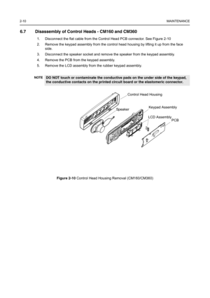 Page 222-10MAINTENANCE
6.7 Disassembly of Control Heads - CM160 and CM360
1. Disconnect the flat cable from the Control Head PCB connector. See Figure 2-10
2. Remove the keypad assembly from the control head housing by lifting it up from the face 
side.
3. Disconnect the speaker socket and remove the speaker from the keypad assembly.
4. Remove the PCB from the keypad assembly.
5. Remove the LCD assembly from the rubber keypad assembly.
Figure 2-10Control Head Housing Removal (CM160/CM360)
NOTEDO NOT touch or...