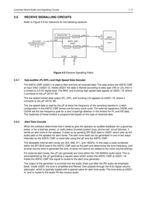 Page 21Controller Board Audio and Signalling Circuits 1-17
2.5 RECEIVE SIGNALLING CIRCUITS
Refer to Figure 5-6 for reference for the following sections.
Figure 4-2 Receive Signalling Paths
2.5.1 Sub-audible (PL/DPL) and High Speed Data Decoder
The ASFIC CMP (U0221) is used to ﬁlter and limit all received data. The data enters the ASFIC CMP 
at input DISC (U0221-2). Inside U0221 the data is ﬁltered according to data type (HS or LS), then it 
is limited to a 0-5V digital level. The MDC and trunking high speed...