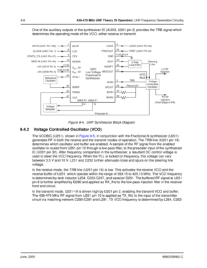 Page 156June, 20056880309N62-C
9-6438-470 MHz UHF Theory Of Operation: UHF Frequency Generation Circuitry
One of the auxiliary outputs of the synthesizer IC (AUX3, U201 pin 2) provides the TRB signal which 
determines the operating mode of the VCO, either receive or transmit.
Figure 9-4.  UHF Synthesizer Block Diagram
9.4.2 Voltage Controlled Oscillator (VCO)
The VCOBIC (U251), shown in Figure 9-5, in conjunction with the Fractional-N synthesizer (U201) 
generates RF in both the receive and the transmit modes of...