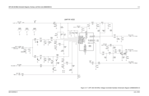 Page 191UHF (403-440 MHz) Schematic Diagrams, Overlays, and Parts Lists (8486635Z03-O)12-968810309N62-CJune, 2005
UHF R1 VCO
3.2V to 9.5V4.5V
RX: 0V
TX: 3VTX_SWITCH13
VCC_BUFFERS14
VCC_LOGIC18
RX_OU T8
RX_SWITCH7 SUPER_FLTR 3
19
TRB_IN TX_BASE 16
TX_EMITTER 15TX_IADJ 1
TX_OU T10
FLIP_IN 20
GND_BUFFERS 11GND_FLAG 9
17
GND_LOGI C
PRESC_OU T12 RX_BASE 5
RX_EMITTER 6RX_IADJ 2
50U5 4U251
COLL_RFIN 4
L251
220nH
NU VCO_5R
 
L283 C273
.01uF 
5.6pF
C254
1.3% 7.5pFC255
1.8%
33 R263 1
390pFC275 SH251
SHIELD390pFC270
3.0%...