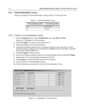 Page 425-6Radio Programming and Tuning: Transmitter Alignment Options
5.5.3 Transmit Modulation Tuning
There are 2 variations of Transmit Modulation Tuning, namely 12.5 kHz and 25 kHz.
Table 5-3.  Transmit Modulation Tuning
5.5.3.1  Transmit 12.5 kHz Modulation Tuning
1.Under the Alignment menu, select Tx Modulation, then select Mod. 12.5 kHz 
(Figure 5-5. Tx Modulation 12.5 kHz Window).
2.Press PTT Toggle. This will key up the radio at the F1.
3.Read the Modulation from the Service Monitor.
4.Change the...