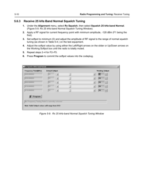 Page 465-10Radio Programming and Tuning: Receiver Tuning
5.6.3 Receive 25 kHz-Band Normal Squelch Tuning
1.Under the Alignment menu, select Rx Squelch, then select Squelch 25 kHz-band Normal. 
(Figure 5-9. Rx 25 kHz-band Normal Squelch Tuning Window).
2.Apply a RF signal for current frequency point with minimum amplitude, -128 dBm (F1 being the 
first). 
3.Set softpot to minimum (0) and adjust the amplitude of RF signal to the range of normal squelch 
tuning (as shown in Table 5-4.) on the test equipment....