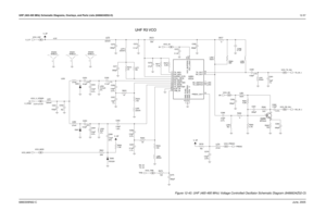 Page 239UHF (465-495 MHz) Schematic Diagrams, Overlays, and Parts Lists (8486634Z02-O)12-576880309N62-CJune, 2005
UHF R3 VCO
3.2V to 9.5V4.5V
RX: 0V
TX: 3V
390pF C275 L264
2% 8nHC265
1.8% 5.6pF
390pFC283
V_SF
 NC
1SV229D262220nHL255TX_SWITCH13
VCC_BUFFERS14
VCC_LOGI C18
R261
22KRX_OU T8
RX_SWITCH7 SUPER_FLTR 3
19
TRB_IN TX_BASE 16
TX_EMITTER 15TX_IADJ 1
TX_OU T10
FLIP_IN 20
GND_BUFFERS 11GND_FLAG 9
17
GND_LOGI C
PRESC_OU T12 RX_BASE 5
RX_EMITTER 6RX_IADJ 2
50 U5 4
U251
COLL_RFI N 4
L251
220nH
NU VCO_5R
 
L283...