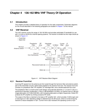 Page 27Chapter 4 136-162 MHz VHF Theory Of Operation
4.1 Introduction
This chapter provides a detailed theory of operation for the radio components. Schematic diagrams 
for the circuits described in the following paragraphs are located in Chapter 7 of this manual.
4.2 VHF Receiver
The VHF receiver covers the range of 136-162 MHz and provides switchable IF bandwidth for use 
with 12.5 kHz or 20/25 kHz channel spacing systems. The receiver is divided into two major blocks as 
shown in Figure 4-1.
•Front End
•...