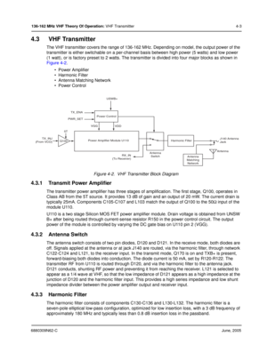 Page 296880309N62-CJune, 2005
136-162 MHz VHF Theory Of Operation: VHF Transmitter 4-3
4.3 VHF Transmitter
The VHF transmitter covers the range of 136-162 MHz. Depending on model, the output power of the 
transmitter is either switchable on a per-channel basis between high power (5 watts) and low power 
(1 watt), or is factory preset to 2 watts. The transmitter is divided into four major blocks as shown in 
Figure 4-2.
• Power Amplifier
• Harmonic Filter
• Antenna Matching Network
• Power Control
Figure 4-2....