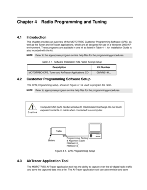 Page 41Chapter 4 Radio Programming and Tuning
4.1 Introduction
This chapter provides an overview of the MOTOTRBO Customer Programming Software (CPS), as 
well as the Tuner and AirTracer applications, which are all designed for use in a Windows 2000/XP 
environment. These programs are available in one kit  as listed in Table 4-1. An Installation Guide is 
also included with the kit.
4.2 Customer Programm ing Software Setup
The CPS programming setup, shown in Figu re 4-1 is used to program the radio.
Figure 4-1....