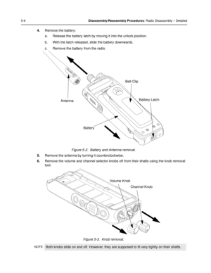 Page 485-6Disassembly/Reassembly Procedures: Radio Disassembly – Detailed
4.Remove the battery:
a. Release the battery latch by moving it into the unlock position.
b. With the latch released,  slide the battery downwards.
c. Remove the battery from the radio.
Figure 5-2.  Battery and Antenna removal.
5. Remove the antenna by turning it counterclockwise.
6. Remove the volume and channel selector knobs off from their shafts using the knob removal 
tool.
Figure 5-3.  Knob removal.
NOTEBoth knobs slide on and off....
