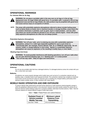 Page 11vii
OPERATIONAL WARNINGS
For Vehicles With An Air Bag 
Potentially Explosive Atmospheres
 Blasting Caps And Areas
OPERATIONAL CAUTIONS
Antennas
Do not use any portable radio that has a damaged antenna. If a damaged antenna comes into contact with your 
skin, a minor burn can result.
Batteries
All batteries can cause property damage and/or bodily injury such as burns if a conductive material such as 
jewellery, keys, or beaded chains touch exposed terminals. The conductive material may complete an...