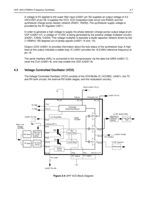 Page 109UHF (403-470MHz) Frequency Synthesis2-7
A voltage of 5V applied to the super ﬁlter input (U4201 pin 30) supplies an output voltage of 4.5 
VDC(VSF) at pin 28. It supplies the VCO, VCO modulation bias circuit (via R4322) and the 
synthesizer charge pump resistor network (R4251, R4252). The synthesizer supply voltage is 
provided by the 5V regulator U4211.
In order to generate a high voltage to supply the phase detector (charge pump) output stage at pin 
VCP (U4201-47), a voltage of 13 VDC is being...