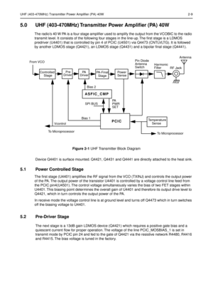 Page 111UHF (403-470MHz) Transmitter Power Amplifier (PA) 40W 2-9
5.0 UHF (403-470MHz) Transmitter Power Ampliﬁer (PA) 40W
The radio’s 40 W PA is a four stage ampliﬁer used to amplify the output from the VCOBIC to the radio 
transmit level. It consists of the following four stages in the line-up. The ﬁrst stage is a LDMOS 
predriver (U4401) that is controlled by pin 4 of PCIC (U4501) via Q4473 (CNTLVLTG). It is followed 
by another LDMOS stage (Q4421), an LDMOS stage (Q4431) and a bipolar ﬁnal stage (Q4441)....