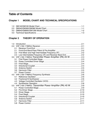 Page 157iii
Table of Contents
Chapter 1 MODEL CHART AND TECHNICAL SPECIFICATIONS
1.0 GM140/GM160 Model Chart ................................................................................ 1-1
2.0 GM340/GM360/GM380 Model Chart ................................................................... 1-1
3.0 GM640/GM660/GM1280 Model Chart ................................................................. 1-2
4.0 Technical Specifications...