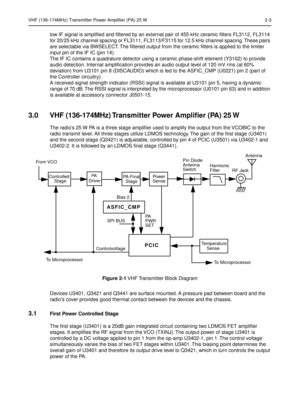 Page 167VHF (136-174MHz) Transmitter Power Amplifier (PA) 25 W 2-3
low IF signal is ampliﬁed and ﬁltered by an external pair of 455 kHz ceramic ﬁlters FL3112, FL3114 
for 20/25 kHz channel spacing or FL3111, FL3113/F3115 for 12.5 kHz channel spacing. These pairs 
are selectable via BWSELECT. The ﬁltered output from the ceramic ﬁlters is applied to the limiter 
input pin of the IF IC (pin 14).
The IF IC contains a quadrature detector using a ceramic phase-shift element (Y3102) to provide 
audio detection....