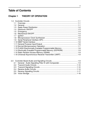 Page 241iii
Table of Contents
Chapter 1 THEORY OF OPERATION
1.0 Controller Circuits ................................................................................................ 1-1
1.1 Overview......................................................................................................... 1-1
1.2 General ........................................................................................................... 1-1
1.3 Radio Power Distribution...