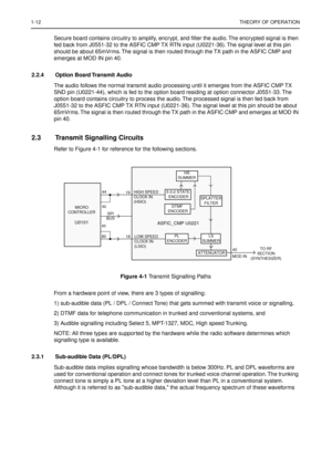 Page 2541-12THEORY OF OPERATION
Secure board contains circuitry to amplify, encrypt, and ﬁlter the audio. The encrypted signal is then 
fed back from J0551-32 to the ASFIC CMP TX RTN input (U0221-36). The signal level at this pin 
should be about 65mVrms. The signal is then routed through the TX path in the ASFIC CMP and 
emerges at MOD IN pin 40.
2.2.4 Option Board Transmit Audio
The audio follows the normal transmit audio processing until it emerges from the ASFIC CMP TX 
SND pin (U0221-44), which is fed to...