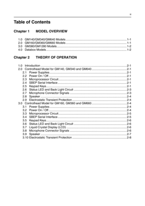 Page 299iii
Table of Contents
Chapter 1 MODEL OVERVIEW
1.0 GM140/GM340/GM640 Models ........................................................................... 1-1
2.0 GM160/GM360/GM660 Models ........................................................................... 1-1
3.0 GM380/GM1280 Models ...................................................................................... 1-2
4.0 Databox Models ................................................................................................... 1-2...