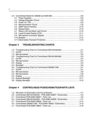 Page 300iv
4.0 Controlhead Model for GM380 and GM1280 ....................................................... 2-8
4.1 Power Supplies ............................................................................................... 2-8
4.2 Voltage Regulator Circuit ................................................................................ 2-8
4.3 Power On / Off ................................................................................................ 2-9
4.4 Microprocessor...