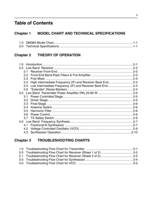 Page 31iii
Table of Contents
Chapter 1 MODEL CHART AND TECHNICAL SPECIFICATIONS
1.0 GM360 Model Chart............................................................................................. 1-1
2.0 Technical Specifications ...................................................................................... 1-1
Chapter 2 THEORY OF OPERATION
1.0 Introduction .......................................................................................................... 2-1
2.0 Low Band  Receiver...
