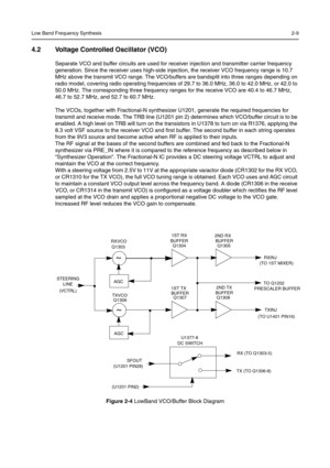 Page 43Low Band Frequency Synthesis2-9
4.2 Voltage Controlled Oscillator (VCO)
Separate VCO and buffer circuits are used for receiver injection and transmitter carrier frequency 
generation. Since the receiver uses high-side injection, the receiver VCO frequency range is 10.7 
MHz above the transmit VCO range. The VCO/buffers are bandsplit into three ranges depending on 
radio model, covering radio operating frequencies of 29.7 to 36.0 MHz, 36.0 to 42.0 MHz, or 42.0 to 
50.0 MHz. The corresponding three...