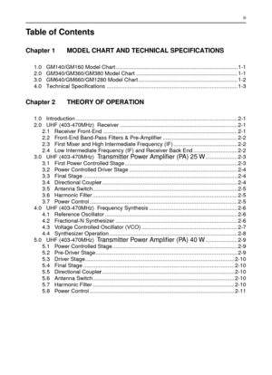 Page 95iii
Table of Contents
Chapter 1 MODEL CHART AND TECHNICAL SPECIFICATIONS
1.0 GM140/GM160 Model Chart ........................................................................\
........ 1-1
2.0 GM340/GM360/GM380 Model Chart ................................................................... 1-1
3.0 GM640/GM660/GM1280 Model Chart ................................................................. 1-2
4.0 Technical Specifications ........................................................................\...