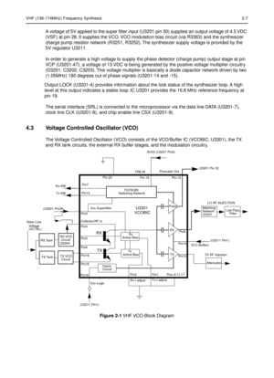 Page 227VHF (136-174MHz) Frequency Synthesis2-7
A voltage of 5V applied to the super ﬁlter input (U3201 pin 30) supplies an output voltage of 4.5 VDC 
(VSF) at pin 28. It supplies the VCO, VCO modulation bias circuit (via R3363) and the synthesizer 
charge pump resistor network (R3251, R3252). The synthesizer supply voltage is provided by the 
5V regulator U3211.
In order to generate a high voltage to supply the phase detector (charge pump) output stage at pin 
VCP (U3201-47), a voltage of 13 VDC is being...