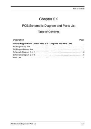 Page 23 
PCB/Schematic Diagram and Parts List2.2-i 
Chapter 2.2 
PCB/Schematic Diagram and Parts List 
Table of Contents 
Table of Contents 
Description Page 
Display/Keypad Radio Control Head (K6) - Diagrams and Parts Lists 
PCB Layout Top Side . . . . . . . . . . . . . . . . . . . . . . . . . . . . . . . . . . . . . . . . . . . . . . . . . . . . 1
PCB Layout Bottom Side . . . . . . . . . . . . . . . . . . . . . . . . . . . . . . . . . . . . . . . . . . . . . . . . . 1
Schematic Diagram  1 of 2  . . . . . . ....