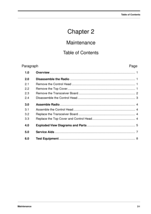 Page 17 
Maintenance2-i 
Chapter 2 
Maintenance 
Table of Contents 
Table of Contents 
ParagraphPage 
1.0Overview 
..................................................................................................... 1  
2.0Disassemble the Radio 
............................................................................. 1
2.1Remove the Control Head........................................................................... 1
2.2Remove the Top...