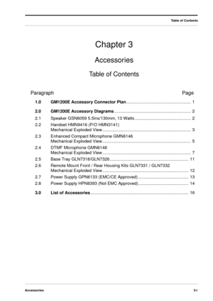 Page 27Accessories3-i
Chapter 3
Accessories
Table of Contents
Table of Contents
ParagraphPage
1.0GM1200E Accessory Connector Plan...................................................... 1
2.0GM1200E Accessory Diagrams................................................................ 2
2.1Speaker GSN6059 5.5ins/130mm, 13 Watts............................................... 2
2.2Handset HMN9416 (P/O HMN3141)
Mechanical Exploded View.......................................................................... 3...