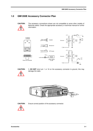 Page 29GM1200E Accessory Connector Plan
Accessories3-1
1.0GM1200E Accessory Connector Plan3
CAUTION:The accessory connections shown are not compatible to some other models of
Motorola radios. Check the appropriate accessory or technical manual for further
information.
4
86
85
+12V +12V
4
86
85
Alternative
AlternativeAlarm
Relay
Alarm
Relay 87 87
30 30
+12V +12V
CAUTION:1. DO NOT short pin 1 or 16 on the accessory connector to ground, this may
damage the radio.
CAUTION:Ensure correct position of the accessory...