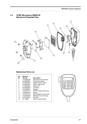 Page 35GM1200E Accessory Diagrams
Accessories3-7
2.4DTMF Microphone GMN6148
Mechanical Exploded View
2 1
3
4
5
6
789
0
#
abc
def
ghij kl
mno
prs
tuvwxy
opr
Ref Motorola
No. Part No.Description
115-80652D02Microphone front housing
232-80565B01Microphone gasket
375-80983Z03Rubber Spacer, Switch
438-80654D01Button, push to talk
541-80658D01Spring, PTT
635-80089D02Felt baffle
775-80655D01Keypad
801-80707Y77DTMF Encoder board assy
942-80656D01Spacer
1001-80707Y78Switch/Sidetone board assy
1101C80669D01Microphone...