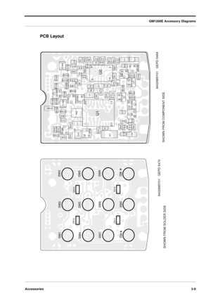 Page 37GM1200E Accessory Diagrams
Accessories3-9
PCB Layout
C1301C18R40
C14
R23
C1302
C1305
C1306C1304
R1302R1303
R1305
Q1302
R1306
C1307
C1308
C1313
R1310C1312
R1309
U4
R1308
Q1304CR1
R32
C17 R33 C24
Q6
C26C23VR5C15Y1
R7
U1
U2
R9
R16
R13
C6
C7
R14
C8
U5
R19
R15
C3
R6C5
R5
R3C1
R4 C20
R10
R1
C19
R2
R22C9
R17 R18
C10
R21
R24
C13 C2
C11
C12
VR1301
C1314
C1311
VR1302
R1307C1309 C1310
Q1303
Q1R11
R44
R43
C16
C29
R42R12
CR1301
Q2
U3
R20
SHOWN FROM COMPONENT SIDE8402685Y01   GEPD 5469
SW1SW2SW3
SW4SW5SW6
SW7SW8SW9...