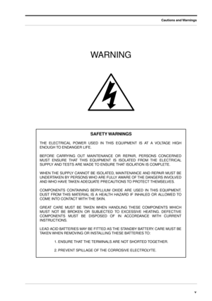 Page 5 
Cautions and Warnings
v 
 
 
WARNING 
SAFETY WARNINGS 
THE ELECTRICAL POWER USED IN THIS EQUIPMENT IS AT A VOLTAGE HIGH
ENOUGH TO ENDANGER LIFE.
BEFORE CARRYING OUT MAINTENANCE OR REPAIR, PERSONS CONCERNED
MUST ENSURE THAT THIS EQUIPMENT IS ISOLATED FROM THE ELECTRICAL
SUPPLY AND TESTS ARE MADE TO ENSURE THAT ISOLATION IS COMPLETE.
WHEN THE SUPPLY CANNOT BE ISOLATED, MAINTENANCE AND REPAIR MUST BE
UNDERTAKEN BY PERSONS WHO ARE FULLY AWARE OF THE DANGERS INVOLVED
AND WHO HAVE TAKEN ADEQUATE PRECAUTIONS...