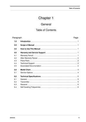 Page 9 
General1-i 
Chapter 1 
General 
Table of Contents 
Table of Contents 
ParagraphPage 
1.0Introduction 
................................................................................................ 1  
2.0Scope of Manual  
........................................................................................ 1  
3.0How to Use This Manual  
............................................................................ 1  
4.0Warranty and Service Support...