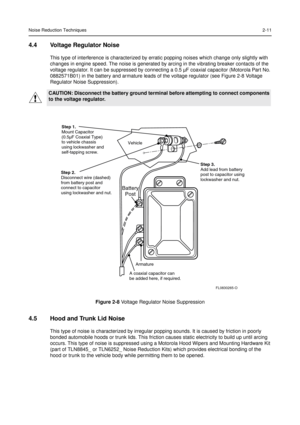 Page 35Noise Reduction Techniques2-11
4.4 Voltage Regulator Noise
This type of interference is characterized by erratic popping noises which change only slightly with
changes in engine speed. The noise is generated by arcing in the vibrating breaker contacts of the
voltage regulator. It can be suppressed by connecting a 0.5 µF coaxial capacitor (Motorola Part No.
0882571B01) in the battery and armature leads of the voltage regulator (see Figure 2-8 Voltage
Regulator Noise Suppression).
4.5 Hood and Trunk Lid...