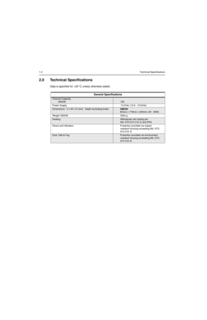 Page 2821-2Technical Specifications
2.0 Technical Specifications
Data is specified for +25°C unless otherwise stated.
General Specifications
Channel Capacity
GM338
128
Power Supply 13.2Vdc (10.8 - 15.6Vdc)
Dimensions:  H x W x D (mm)  Depth excluding knobsGM338
60mm x 179mm x 250mm (45 - 60W)
Weight GM338 2064 g
Sealing:Withstands rain testing per 
MIL STD 810 C/D /E and IP54
Shock and Vibration: Protection provided via impact
resistant housing exceeding MIL STD 
810-C/D /E
Dust, Salt & FogProtection provided...