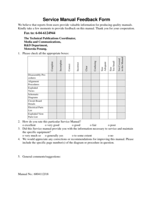 Page 556Service Manual Feedback Form
We believe that reports from users provide valuable information for producing quality manuals. 
Kindly take a few moments to provide feedback on this manual. Thank you for your cooperation.
1. Please check all the appropriate boxes:
2. How do you rate this particular Service Manual?
o excellent o very good o good o fair o poor
3. Did this Service manual provide you with the information necessary to service and maintain 
the specific equipment?
o very much so o generally yes o...