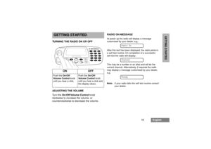 Page 1513
English
GETTING STARTED
GETTING STARTEDTURNING THE RADIO ON OR OFF
ADJUSTING THE VOLUME
Tu r n t h eOn/Off/Volume Controlknob
clockwise to increase the volume, or
counterclockwise to decrease the volume.RADIO ON MESSAGE
At power up the radio will display a message
customised by your dealer, e.g.:
After this text has been displayed, the radio perform
a self test routine. On completion of a successful
self test the radio will display:
This may be a number or an alias and will be the
current channel....