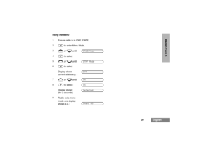 Page 3129
English
RADIO CALLS
Using the Menu
1EnsureradioisinIDLESTATE.
2
c
to enter Menu Mode.
3
+
or
e
until:
4
c
to select
5
+
or
e
until:
6
c
to select
Display shows
current status e.g. :
7
+
or
e
until:
8
c
to select:
Display shows:
(for 2 seconds)
9
Radio exits menu
mode and display
shows e.g.:
UtilitiesDTMF ModeOffOnOnSelectedChan: 05 