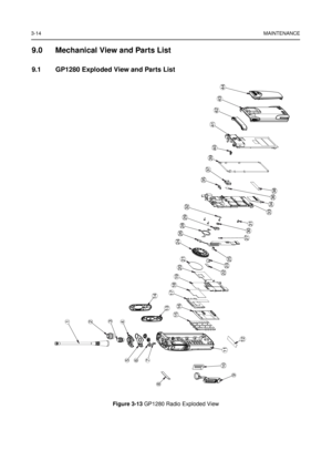 Page 283-14MAINTENANCE
9.0 Mechanical View and Parts List
9.1 GP1280 Exploded View and Parts List
Figure 3-13GP1280 Radio Exploded View
1
2
3
4
5
6
7
8
910
11
121314
15
1617
18
19
20
21
22
2324
2526
2728
29
30
3132
33
3435
3637
384041
42
43
44 39 