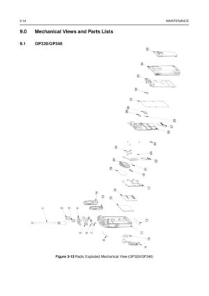 Page 283-14MAINTENANCE
9.0 Mechanical Views and Parts Lists
9.1 GP320/GP340
Figure 3-13Radio Exploded Mechanical View (GP320/GP340)
8
9
10
11
12
13
14
15
16
18
19
20
21
22
24
23
25
26
27
28
29
30
31
33
34
35
756
2
3
41
32
17 