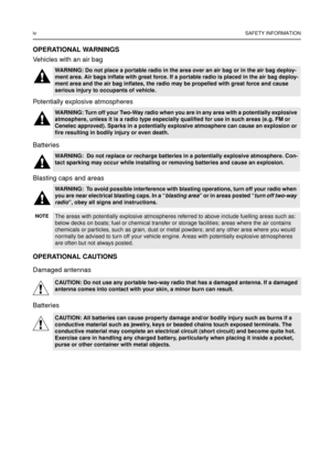 Page 4ivSAFETY INFORMATION
OPERATIONAL WARNINGS
Vehicles with an air bag
Potentially explosive atmospheres
Batteries
Blasting caps and areas
OPERATIONAL CAUTIONS
Damaged antennas
Batteries
WARNING: Do not place a portable radio in the area over an air bag or in the air bag deploy-
ment area. Air bags inflate with great force. If a portable radio is placed in the air bag deploy-
ment area and the air bag inflates, the radio may be propelled with great force and cause
serious injury to occupants of vehicle....