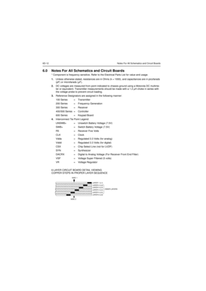 Page 2066D-12 Notes For All Schematics and Circuit Boards6.0 Notes For All Schematics and Circuit Boards* Component is frequency sensitive. Refer to the Electrical Parts List for value and usage.
1.Unless otherwise stated, resistances are in Ohms (k = 1000), and capacitances are in picofarads
(pF) or microfarads (µF).
2.DC voltages are measured from point indicated to chassis ground using a Motorola DC multime-
ter or equivalent. Transmitter measurements should be made with a 1.2 µH choke in series with
the...