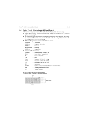 Page 75Notes For All Schematics and Circuit Boards 6A-136.0 Notes For All Schematics and Circuit Boards* Component is frequency sensitive. Refer to the Electrical Parts List for value and usage.
1.Unless otherwise stated, resistances are in Ohms (k = 1000), and capacitances are in picofarads
(pF) or microfarads (µF).
2.DC voltages are measured from point indicated to chassis ground using a Motorola DC multime-
ter or equivalent. Transmitter measurements should be made with a 1.2 µH choke in series with
the...